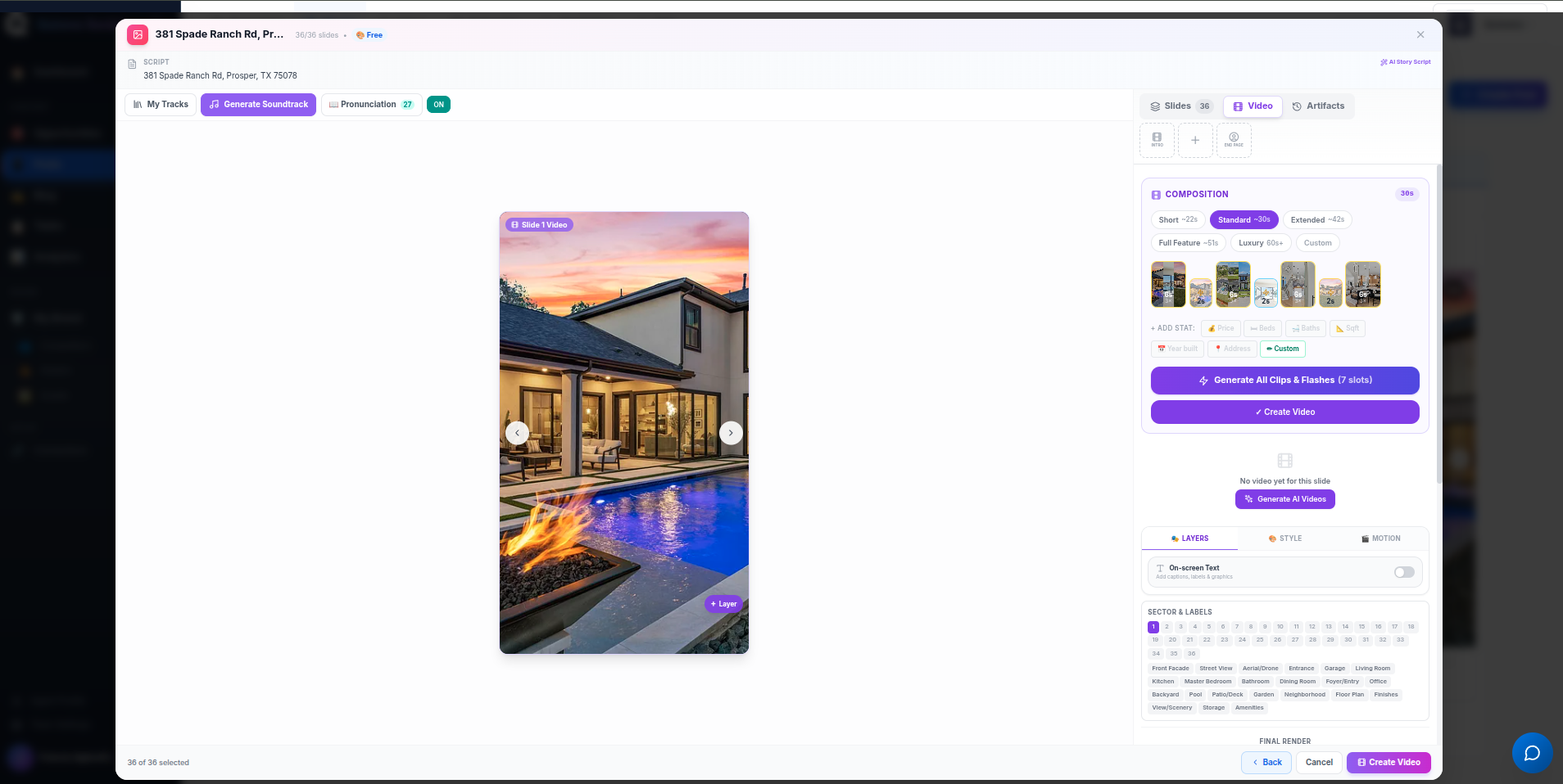 AI video builder with listing photo and composition timeline