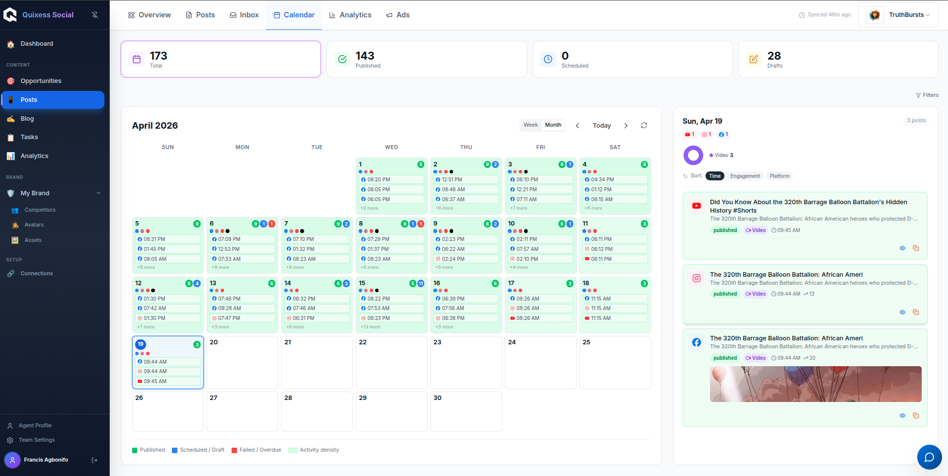 Content calendar with scheduled posts across platforms